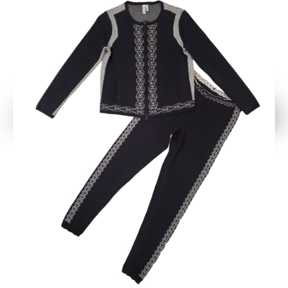 Sahalie Women's Black Two Piece Knit Patterned Casual Pants Set Large‎